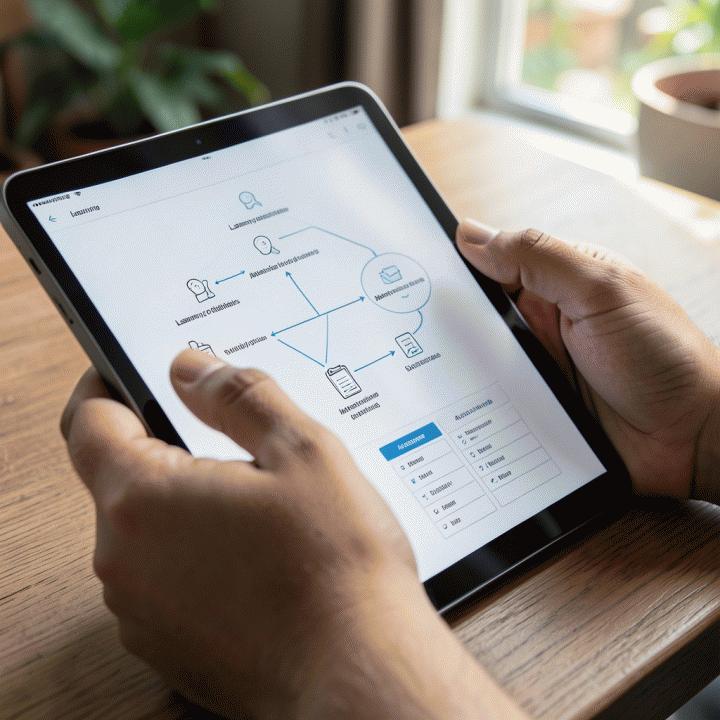 Visualisasi interaksi tangan dengan tablet AI untuk merancang modul ajar yang terstruktur, menunjukkan alur materi dan aktivitas pembelajaran secara ringkas tanpa teks yang terbaca.