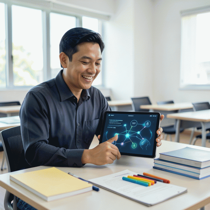 Seorang guru profesional Indonesia menggunakan tablet canggih di ruang kelas yang modern, menampilkan visualisasi alur materi pembelajaran Kurikulum Merdeka yang terstruktur dan efisien, menandakan kemudahan penyusunan modul ajar dengan bantuan AI.