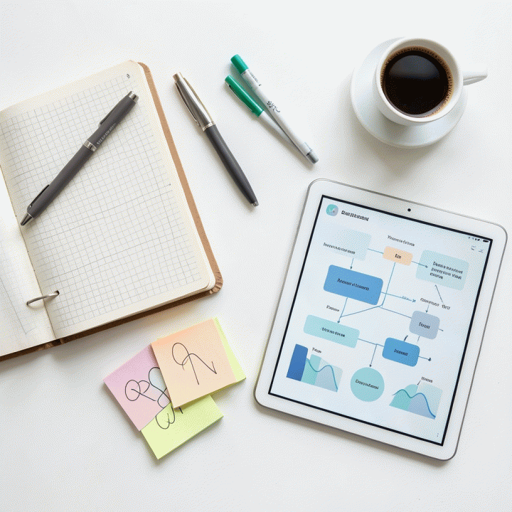Tampilan atas meja yang rapi dan profesional berisi perangkat pendukung mengajar seperti planner, pena modern, tablet AI dengan visualisasi materi belajar, mencerminkan persiapan guru yang efisien.