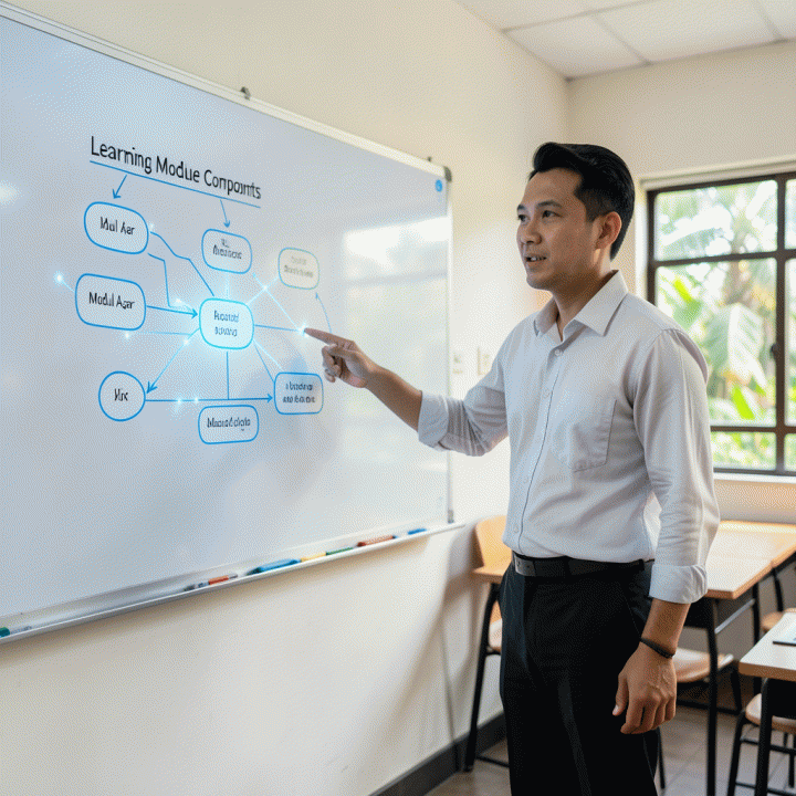 Guru Indonesia sedang mengajarkan cara menyusun modul ajar kurikulum merdeka di dalam kelas modern, menunjukkan diagram komponen pembelajaran yang terstruktur dan lengkap.