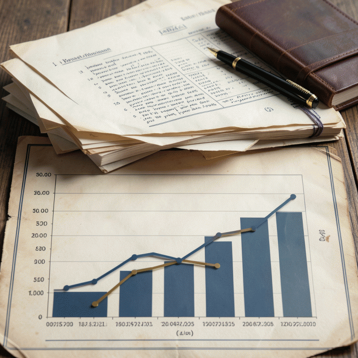 Tampilan close-up yang profesional tentang perencanaan anggaran (RAB) yang terstruktur dengan elemen akuntansi klasik seperti buku catatan, pena bulu, dan diagram pertumbuhan keuangan, menciptakan suasana analisis finansial mendalam.