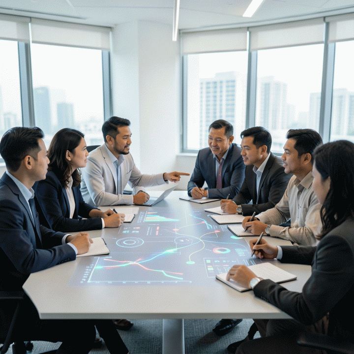 Tim marketing profesional Indonesia sedang berkolaborasi di depan visualisasi data kompleks pada meja modern, mengubah data menjadi rencana strategi pemasaran yang terukur.
