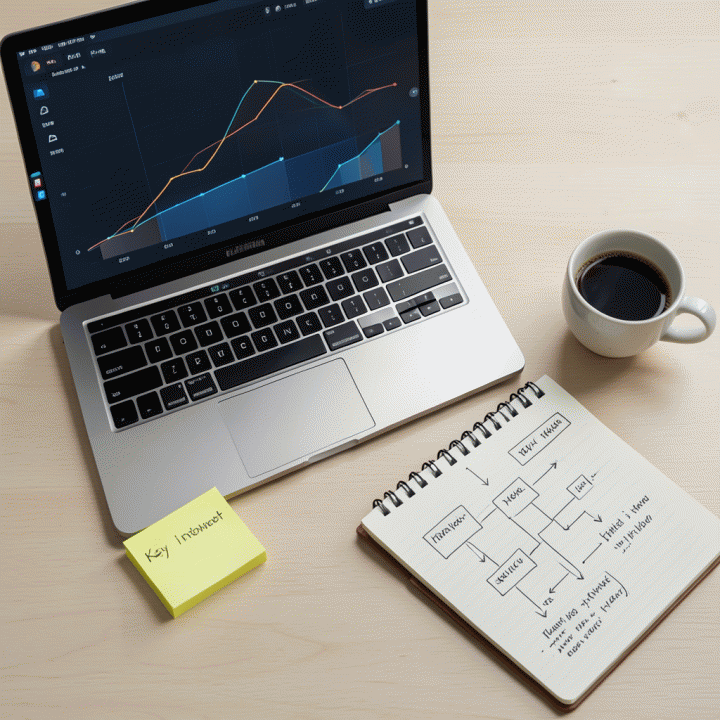 Tampilan meja kerja yang terstruktur dengan laptop menampilkan dasbor data, catatan, dan diagram alir, menunjukkan proses perencanaan strategi.