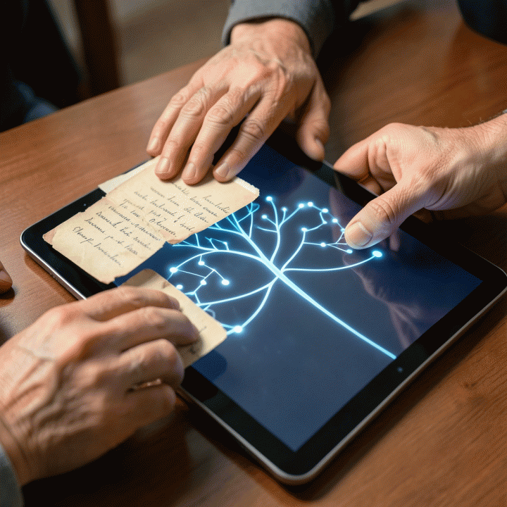 Tangan berbagai generasi sedang memindai foto dan surat tua ke tablet digital, menghubungkan kenangan masa lalu dengan teknologi modern.