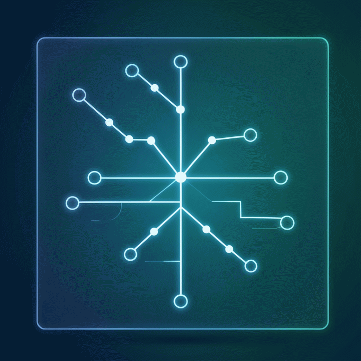 Visualisasi diagram silsilah keluarga yang terstruktur dan abstrak pada antarmuka holografik, menunjukkan koneksi antar generasi.