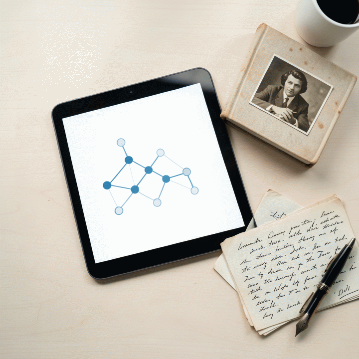 Tampilan overhead meja kerja yang berisi tablet dengan antarmuka silsilah keluarga digital abstrak, di samping album foto dan pena vintage.