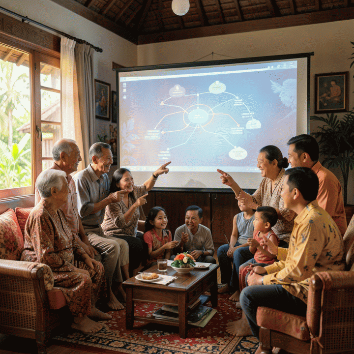 Keluarga lintas generasi berkumpul di ruang tamu Indonesia, menatap visualisasi silsilah keluarga yang bercahaya.