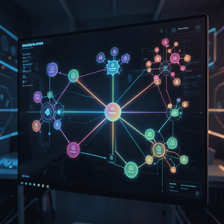 Visualisasi digital abstrak dari pemetaan persona dan masalah bisnis menjadi cetak biru strategi yang terstruktur.