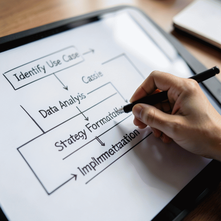 Tangan yang sedang membuat diagram alir langkah demi langkah (use case identification hingga implementasi) pada papan tulis atau tablet digital.