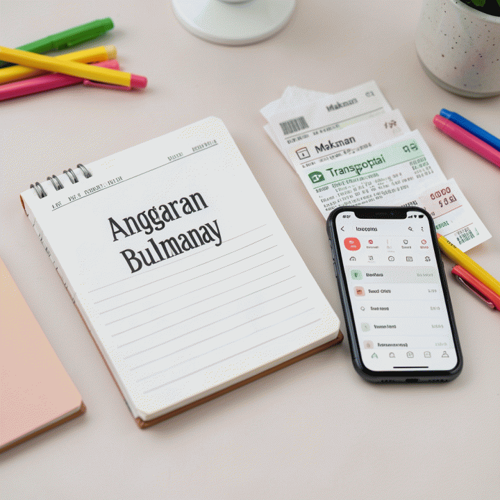 Foto datar (flat lay) alat bantu budgeting yang terorganisir, termasuk buku catatan, kuitansi, dan smartphone, menunjukkan proses pelacakan pengeluaran.
