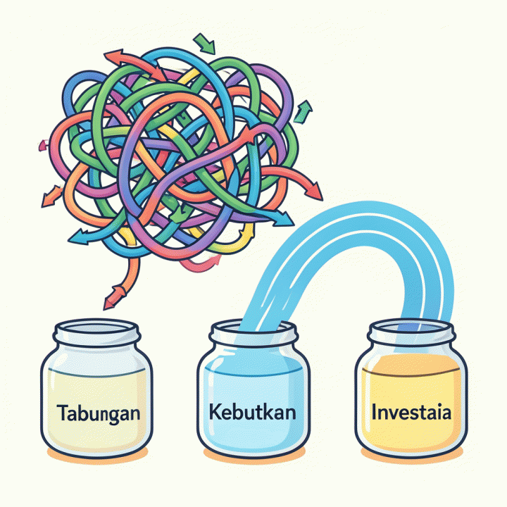 Ilustrasi visualisasi aliran dana yang tadinya berantakan kini terstruktur menjadi jalur yang jelas menuju beberapa kategori tabungan.