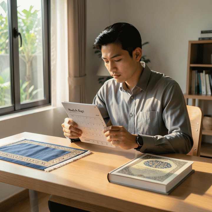 Visualisasi seorang profesional muda Muslim di rumah yang tenang sedang merencanakan dan meninjau pelacak kebiasaan ibadah harian yang terstruktur dan rapi, menekankan konsistensi spiritual.
