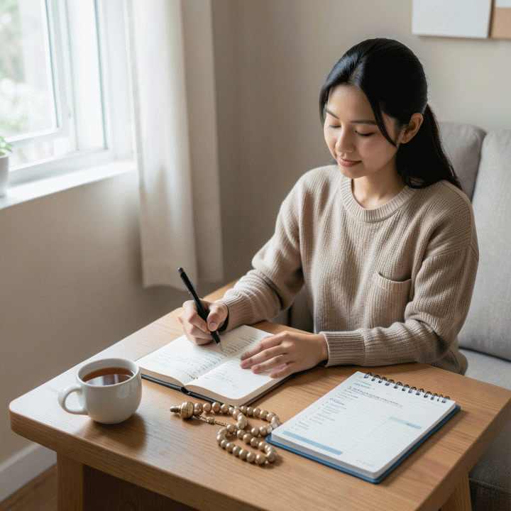 Gaya hidup modern wanita muda Indonesia yang merencanakan rutinitas spiritualnya dengan buku harian dan perlengkapan ibadah yang tertata rapi.