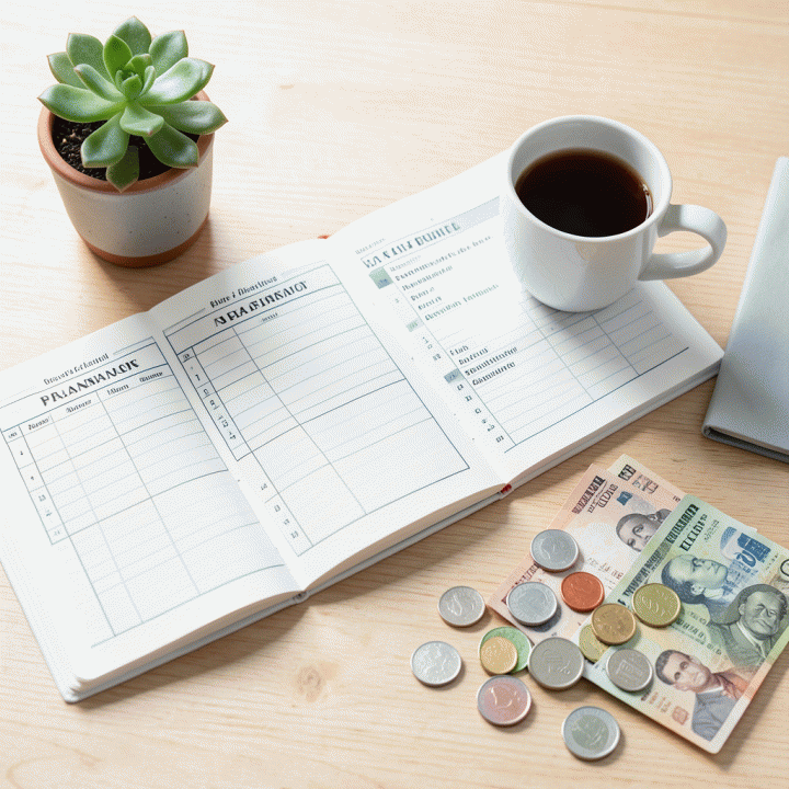 Tampilan datar (flat lay) alat perencanaan keuangan yang terdiri dari buku catatan template budget, koin, dan alat tulis di atas meja kayu yang cerah.