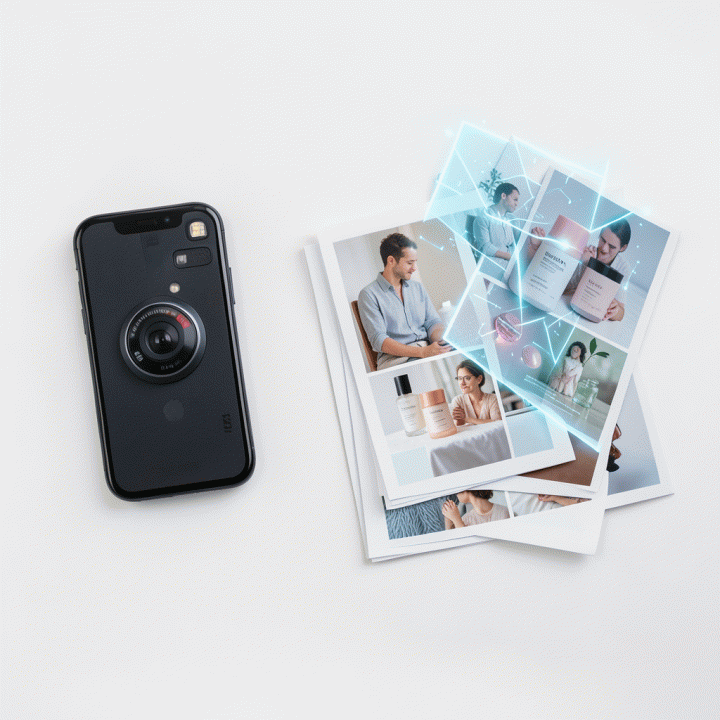 Tata letak flat lay yang menampilkan transformasi foto produk dari resolusi rendah menjadi visual e-commerce resolusi tinggi menggunakan alat AI.