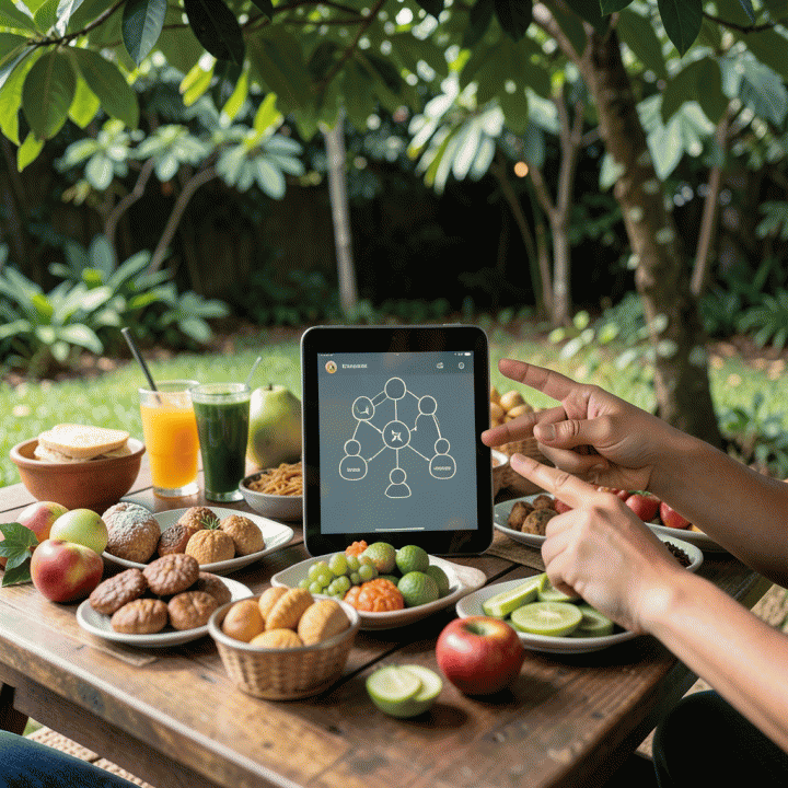 Meja piknik outdoor yang tertata dengan makanan khas Indonesia dan tablet menampilkan desain silsilah keluarga abstrak, melambangkan perencanaan acara.