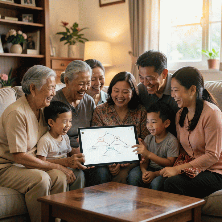 Foto keluarga Indonesia multi-generasi yang bahagia dan hangat berkumpul sambil melihat silsilah keluarga digital di tablet, melambangkan pelestarian warisan keluarga.
