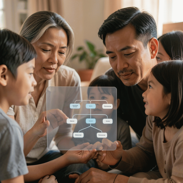 Pasangan muda dan anak-anak melihat diagram silsilah keluarga digital yang terstruktur di tablet, menunjukkan proses menyusun warisan keluarga.