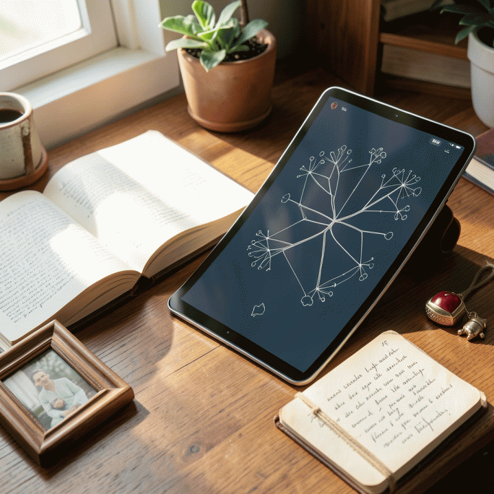 Meja kerja dengan kombinasi buku album keluarga fisik dan tampilan silsilah keluarga digital yang rapi di tablet, mewakili dokumentasi warisan.