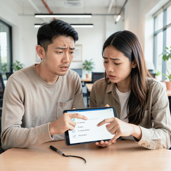 Sepasang muda Indonesia yang awalnya bingung, lalu menemukan solusi dengan melihat checklist terstruktur di tablet.