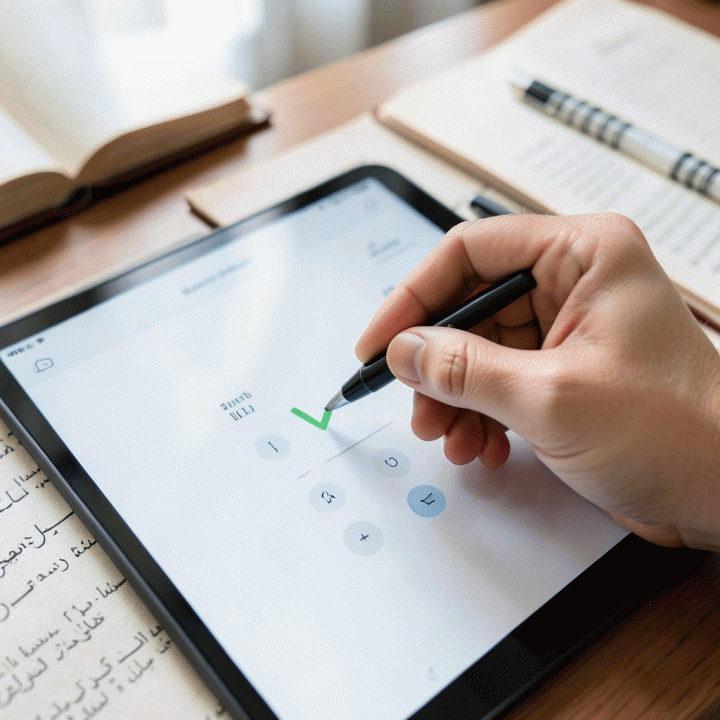 Penggambaran tangan menandai progres ibadah harian di aplikasi pelacak kebiasaan digital yang modern dan minimalist.