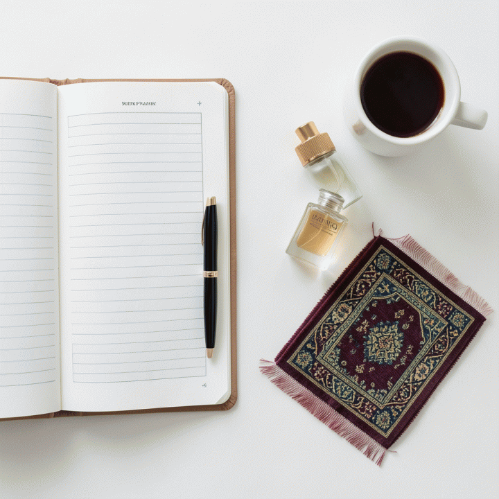 Flat lay berisi planner ibadah, alat tulis, dan perlengkapan ibadah lainnya, menunjukkan persiapan rutin spiritual.