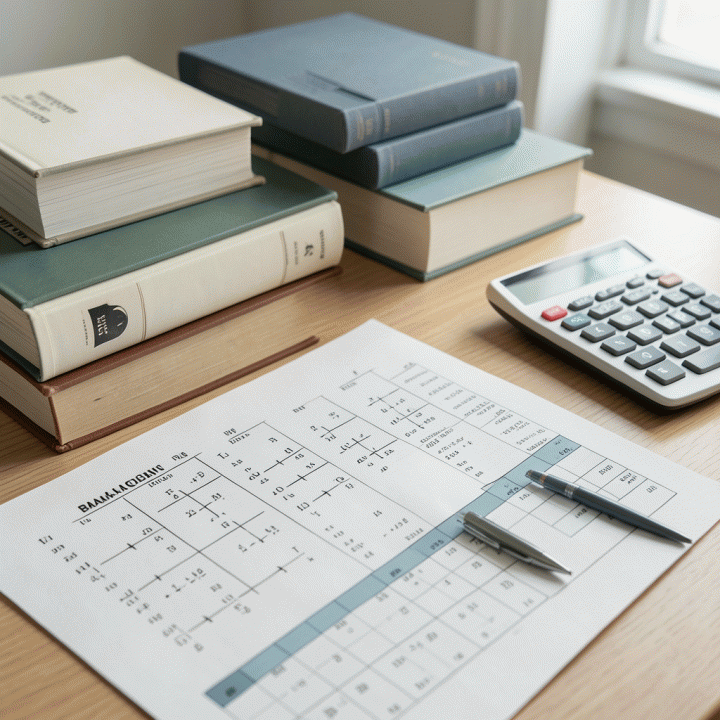 Meja akuntansi yang rapi dengan buku besar dan dokumen keuangan yang tersusun terstruktur, melambangkan proses perhitungan neraca lajur (worksheet accounting) dalam suasana profesional.