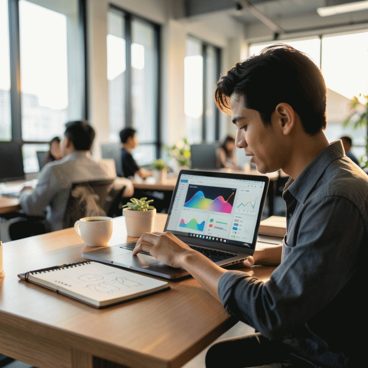 Seorang konten kreator profesional di co-working space modern sedang menggunakan laptop, menunjukkan proses legalisasi dan monetisasi bisnis digitalnya dengan bantuan alat AI.