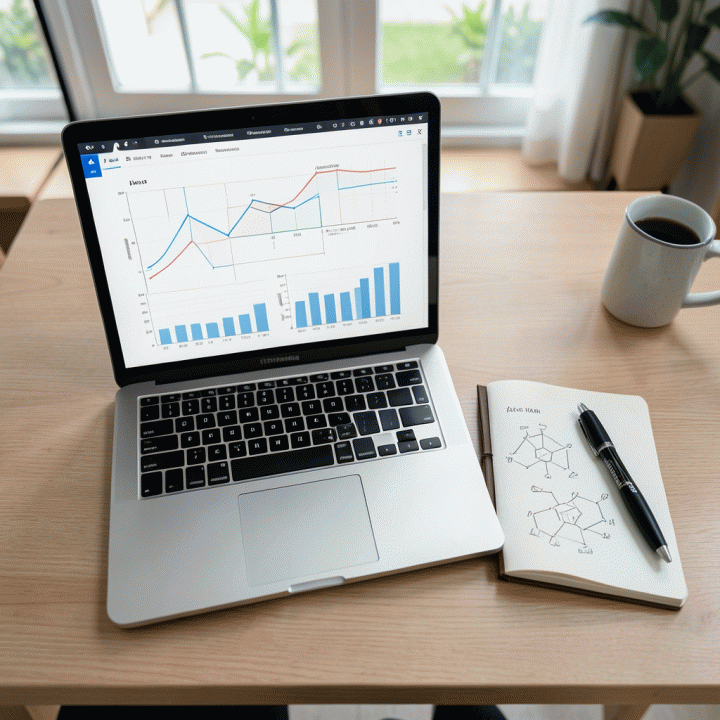 Meja kerja yang rapi berisi laptop dengan visualisasi data abstrak dan buku catatan berisi sketsa ide bisnis, melambangkan transisi dari ide kreatif menjadi rencana bisnis nyata.