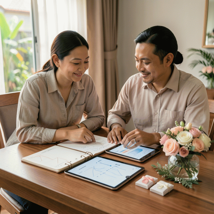 Pasangan pengantin Indonesia yang terlihat tenang dan terorganisir sedang meninjau rencana pernikahan mereka di meja kayu yang indah, dengan alat bantu perencanaan seperti buku catatan dan tablet yang menunjukkan checklist.