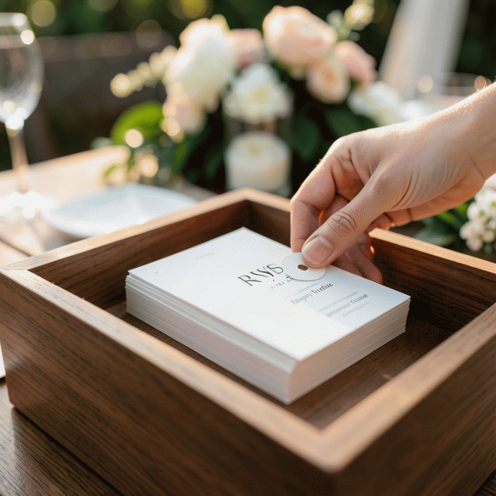 Tangan yang merapikan dan menata kartu RSVP dan label nama tamu ke dalam kotak kayu yang elegan, menunjukkan manajemen tamu yang rapi.