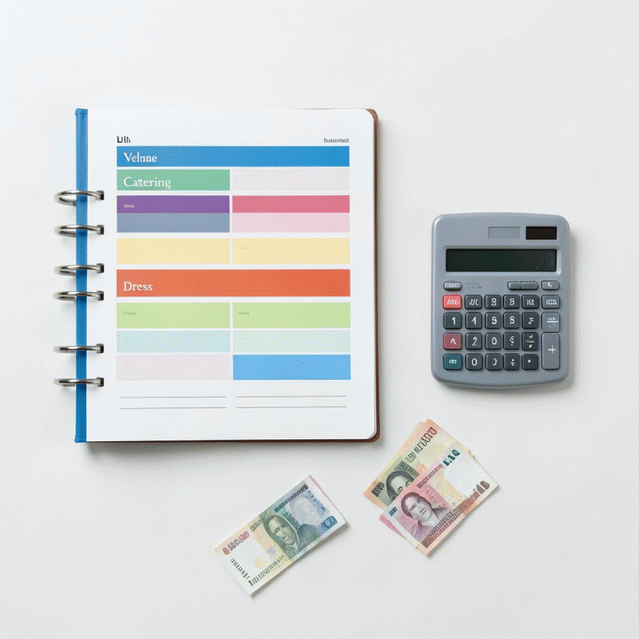 Tampilan atas (flat lay) yang menunjukkan perencanaan anggaran pernikahan yang terstruktur dan terorganisir, meliputi buku catatan dan mata uang yang ditata rapi.