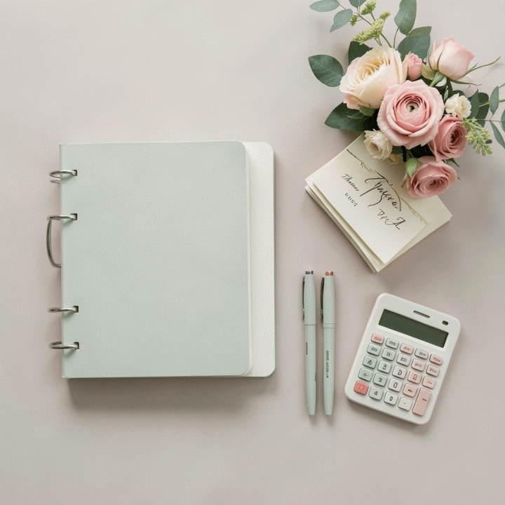 Tampilan atas (flat lay) dari meja perencanaan pernikahan yang rapi, menampilkan buku catatan, kartu RSVP, dan alat bantu budgeting, melambangkan kontrol persiapan acara.