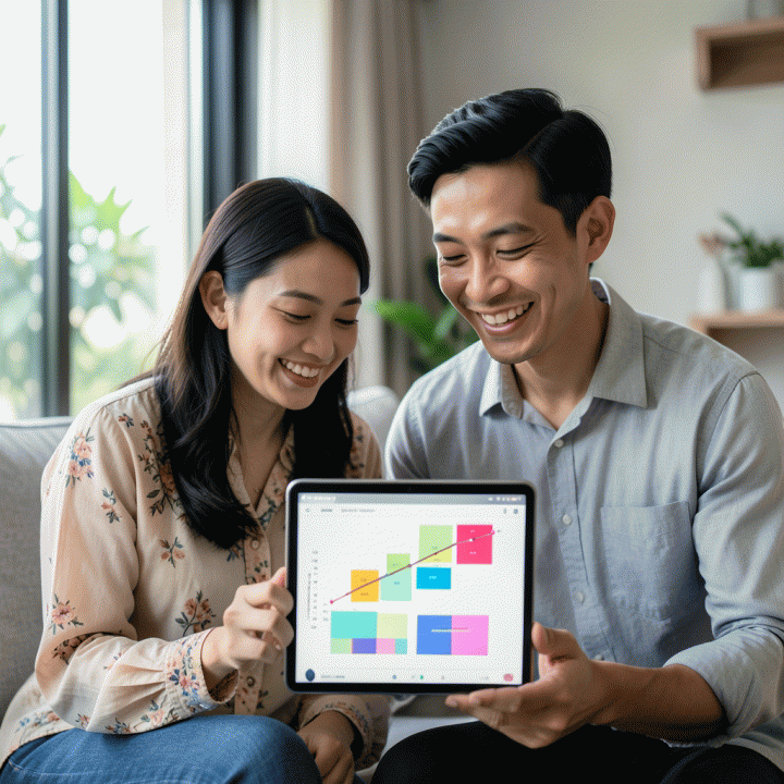Sepasang pengantin Indonesia yang tersenyum saat melihat data perencanaan pernikahan yang terorganisir di tablet, menunjukkan kemudahan koordinasi persiapan.
