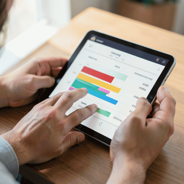 Pasangan pengantin sedang meninjau dashboard anggaran pernikahan digital yang rapi di tablet, menunjukkan perencanaan keuangan yang terkoordinasi.