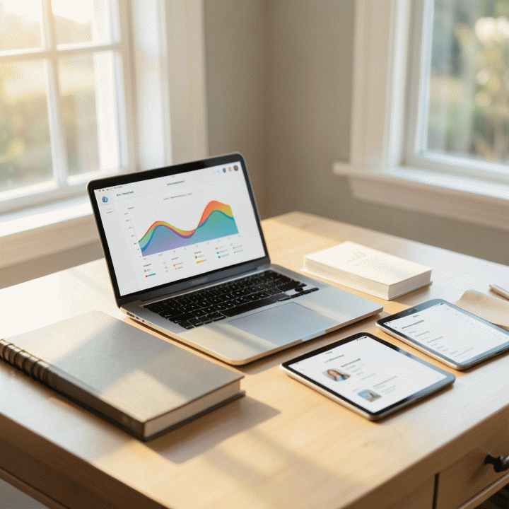 Meja perencanaan pernikahan yang rapi dan elegan, menampilkan laptop dengan grafik anggaran terorganisir dan tablet dengan daftar tamu yang rapi, melambangkan perencanaan pernikahan yang terkontrol dan bebas stres.