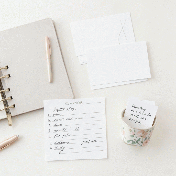 Foto flat lay alat perencanaan pernikahan yang terorganisir, termasuk planner, kartu RSVP, dan checklist, melambangkan manajemen data tamu yang rapi.