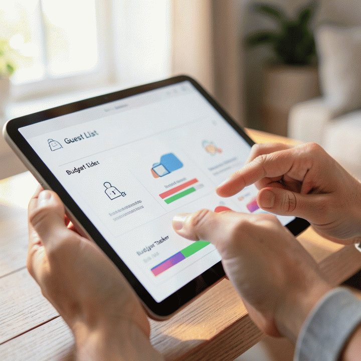 Tangan memasukkan data tamu dan anggaran ke tablet modern, menunjukkan proses manajemen data yang mudah dan terorganisir.