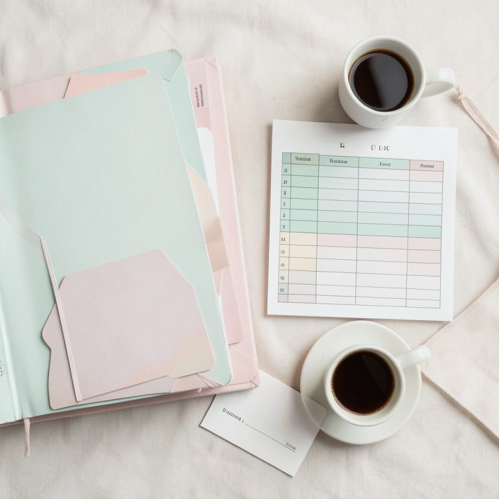 Foto flat lay alat perencanaan pernikahan yang terorganisir, termasuk buku anggaran dan kartu nama, menekankan manajemen yang terstruktur.