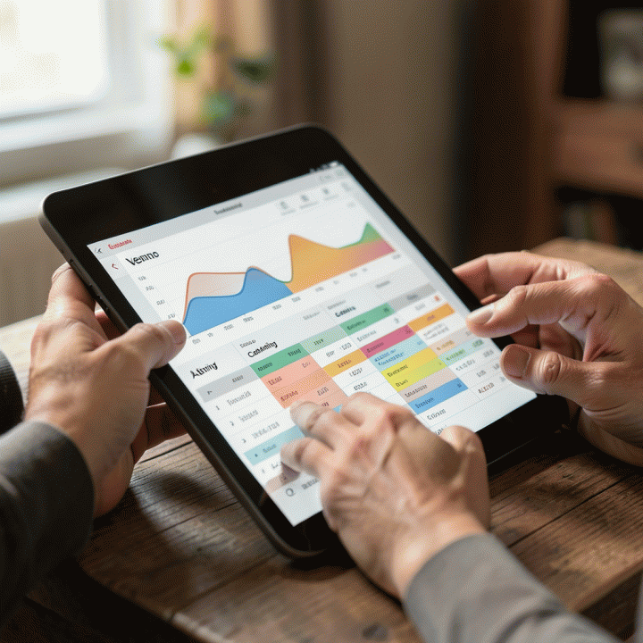 Dua tangan yang sedang meninjau anggaran pernikahan yang terperinci dan terorganisir di tablet modern, menunjukkan perencanaan keuangan yang kolaboratif.