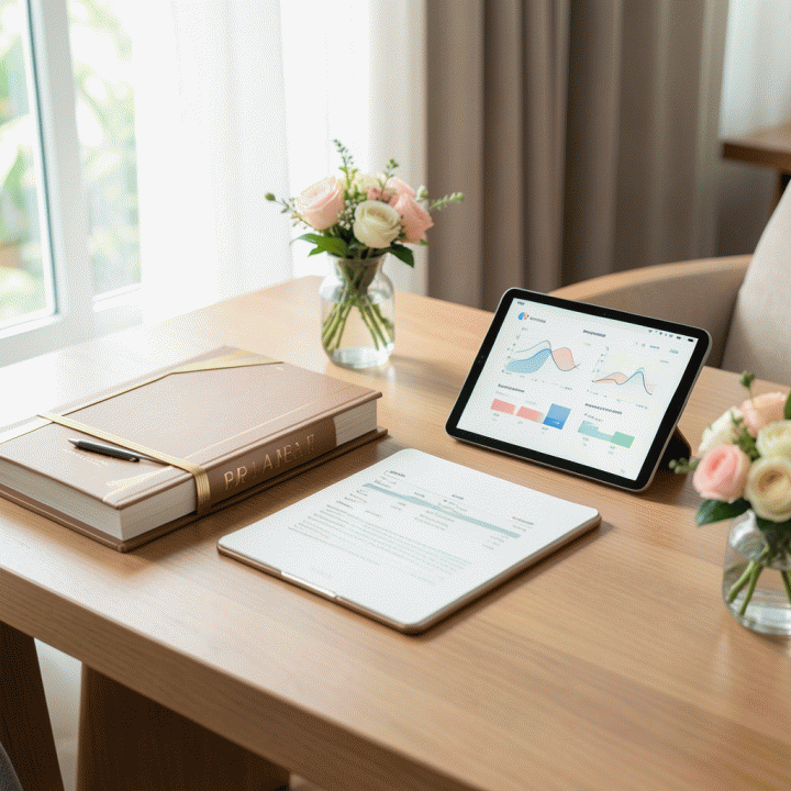 Meja perencanaan pernikahan yang rapi dan terorganisir, menampilkan buku anggaran, tablet dengan diagram manajemen, dan dekorasi bunga elegan, melambangkan persiapan pernikahan yang tenang dan terencana.