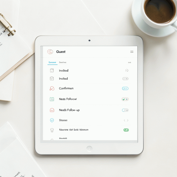 Pandangan dari atas (overhead) yang menunjukkan tampilan daftar tamu yang terorganisir dan rapi pada tablet modern, memudahkan manajemen RSVP.