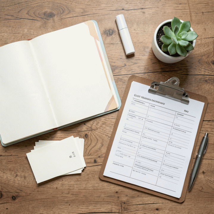 Tampilan datar (flat lay) yang menunjukkan berbagai alat perencanaan pernikahan yang tertata rapi, termasuk daftar tamu, buku rencana, dan checklist, melambangkan manajemen data yang terstruktur.