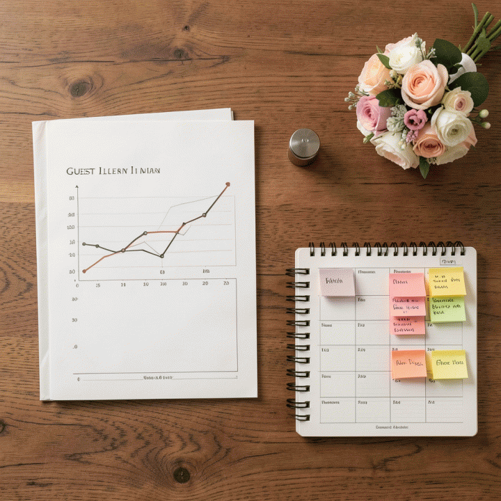 Tampilan datar (flat lay) alat perencanaan pernikahan yang rapi, termasuk grafik anggaran, buku daftar tamu, dan buku catatan, menunjukkan manajemen keuangan dan data yang terorganisir.