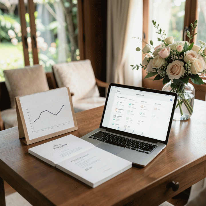 Meja perencanaan pernikahan yang rapi dan terorganisir, menampilkan alat bantu visualisasi anggaran, daftar tamu, dan checklist acara, melambangkan perencanaan pernikahan yang tenang dan terstruktur.