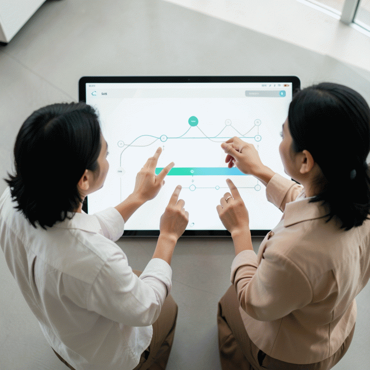 Pasangan pengantin modern yang sedang berkolaborasi di depan layar digital, melihat timeline dan checklist persiapan pernikahan yang terstruktur, melambangkan koordinasi acara yang mudah.