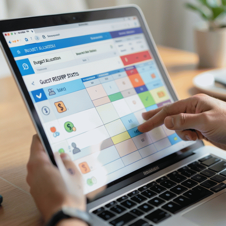 Tangan sedang mengatur perencanaan anggaran dan data tamu yang terorganisir di antarmuka digital, menunjukkan proses manajemen yang rapi.