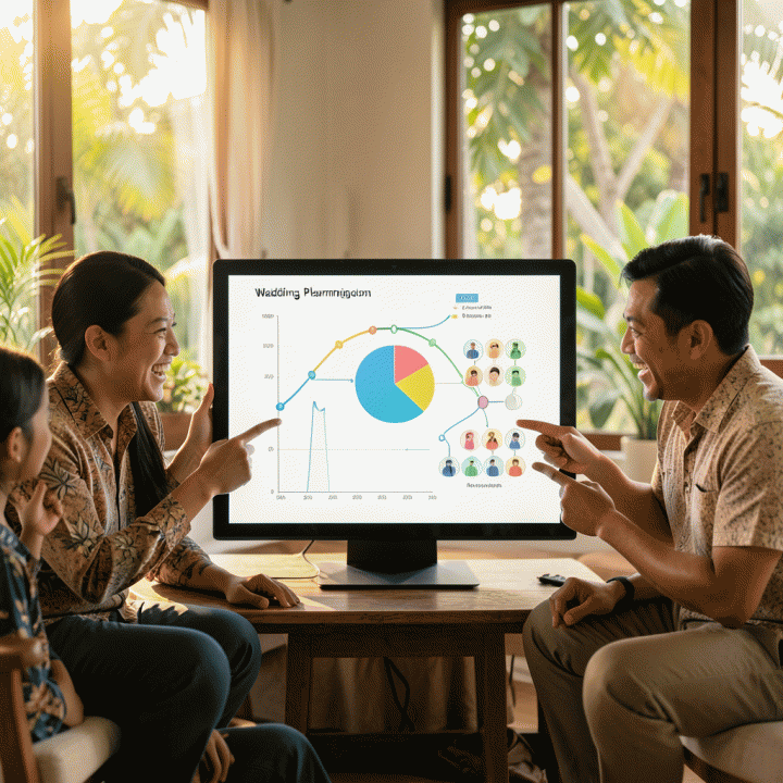 Keluarga sedang berkumpul dan melihat perencanaan pernikahan yang terpusat dan terorganisir di sebuah layar digital, menandakan kemudahan koordinasi.
