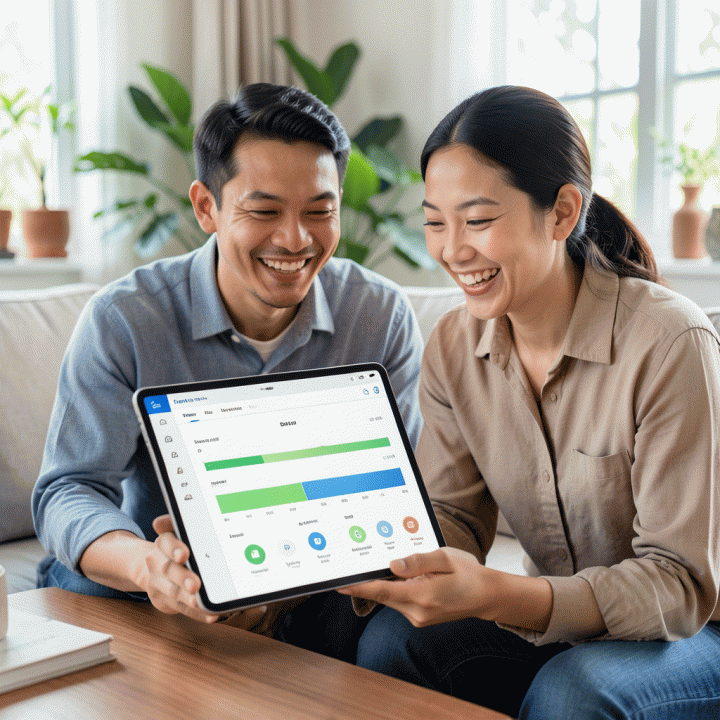 Pasangan muda Indonesia yang bahagia sedang meninjau dasbor perencanaan pernikahan digital yang terorganisir di tablet, menunjukkan manajemen anggaran dan daftar tamu yang rapi.