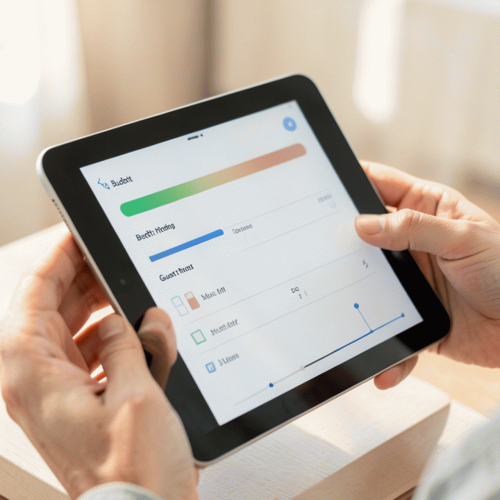 Dua tangan pasangan yang sedang melihat tablet digital yang menampilkan antarmuka perencanaan pernikahan yang terorganisir, fokus pada kolaborasi dan manajemen data yang mudah.